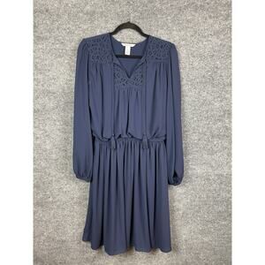 White House Black Market Size 6 Boho Navy Blue Long Sleeve Dress Tassel